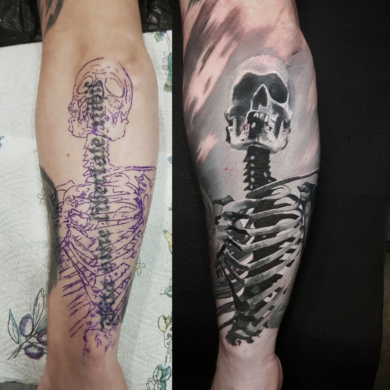 Cover-up Tattoo vorher und nachher: Schriftzug am Unterarm, überdeckt mit einem Skelett in Black and Grey