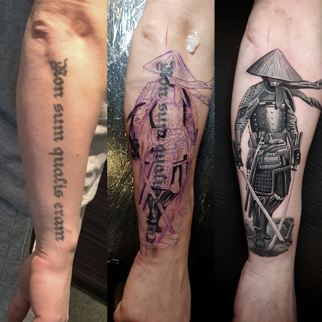 Cover-up Tattoo vorher und nachher: Schriftzug am Unterarm, überdeckt mit einem Samurai