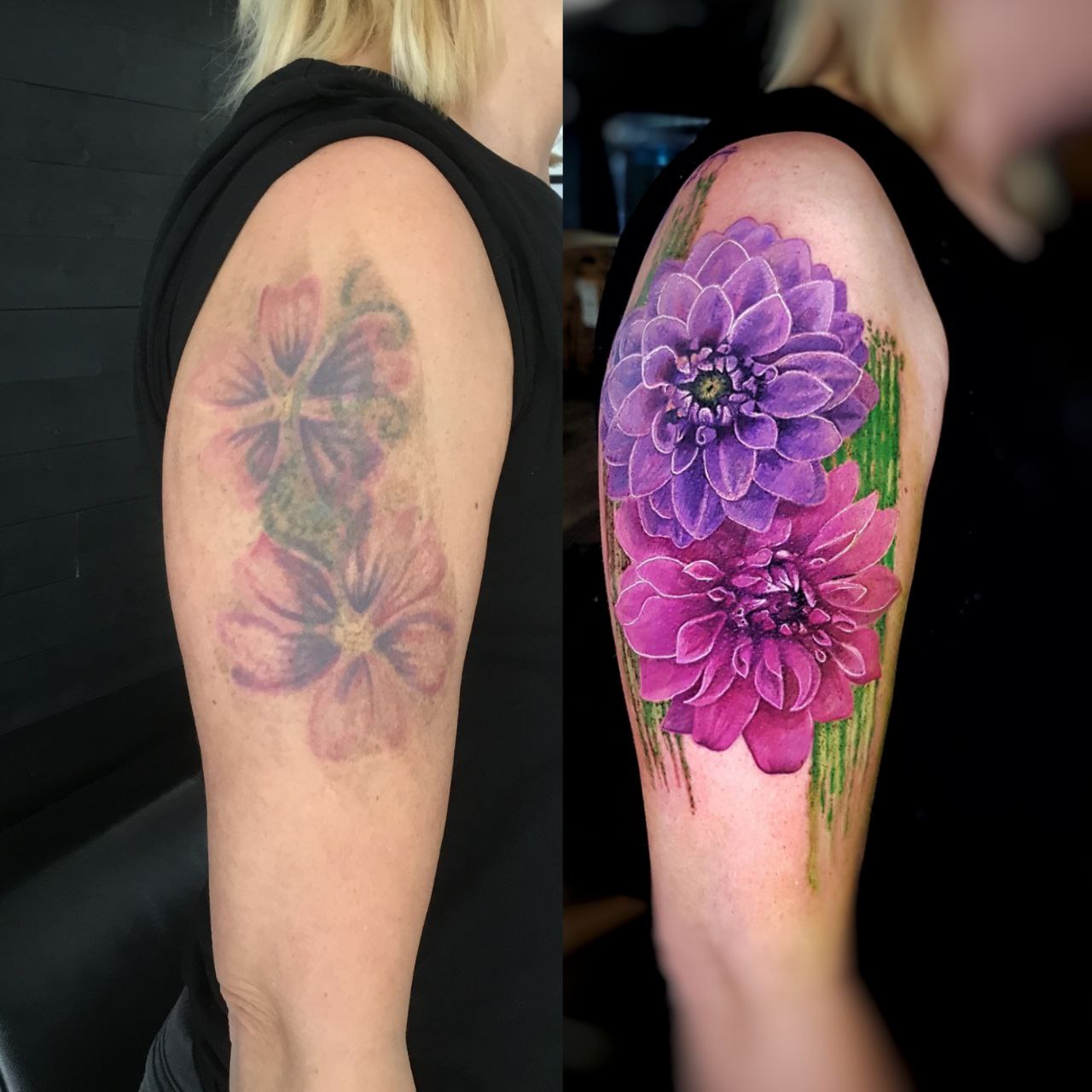 Cover-up Tattoo vorher und nachher: verblasste Blüten am Oberarm, überdeckt mit Dahlien in Farbe
