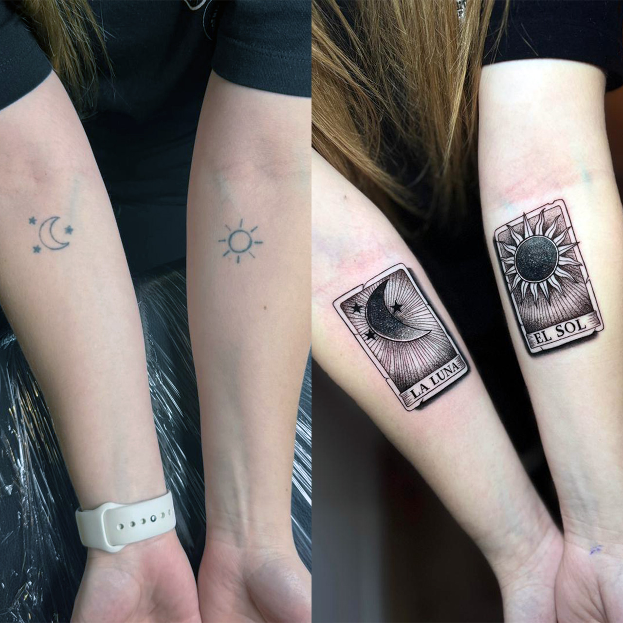 Cover-up Tattoo vorher und nachher: kleine Sonne und Mond am Unterarm, überdeckt mit zwei Tarotkarten