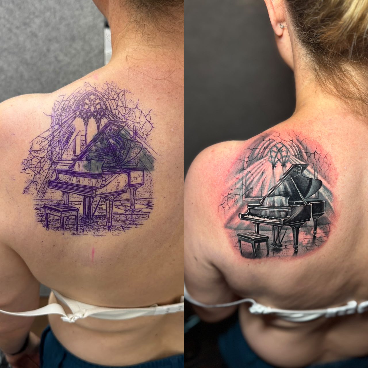 Cover-up Tattoo vorher und nachher: dunkle Stelle am Schulterblatt, überdeckt mit einem Konzertflügel vor gotischem Fenster