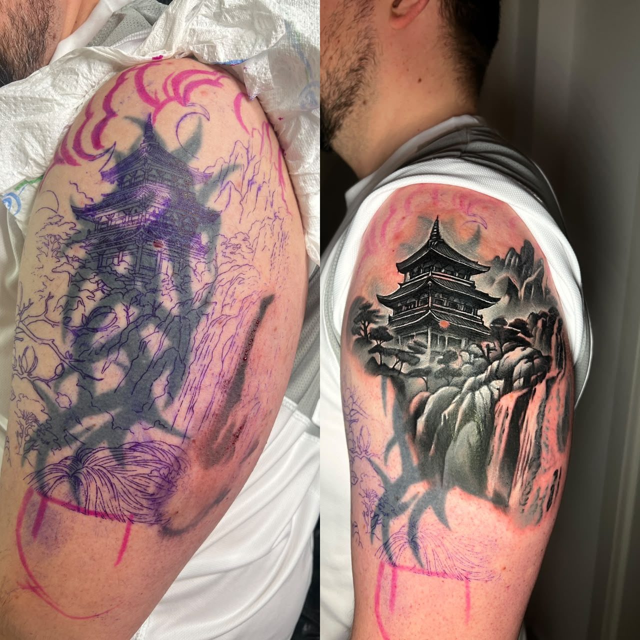 Cover-up Tattoo vorher und nachher: altes Tribal am Oberarm, überdeckt mit Pagode und Wasserfall